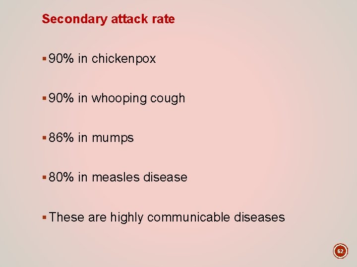 Secondary attack rate § 90% in chickenpox § 90% in whooping cough § 86%