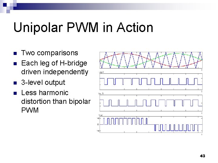 Unipolar PWM in Action n n Two comparisons Each leg of H-bridge driven independently