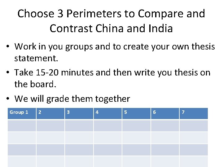 Choose 3 Perimeters to Compare and Contrast China and India • Work in you