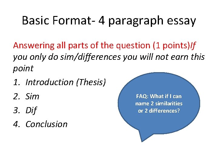Basic Format- 4 paragraph essay Answering all parts of the question (1 points)If you