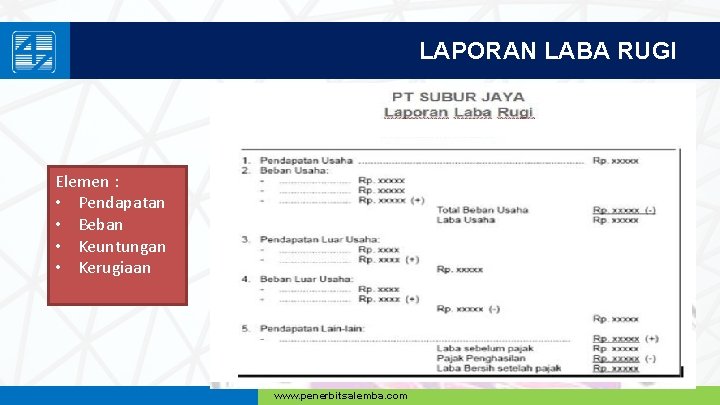 LAPORAN LABA RUGI Elemen : • Pendapatan • Beban • Keuntungan • Kerugiaan www.