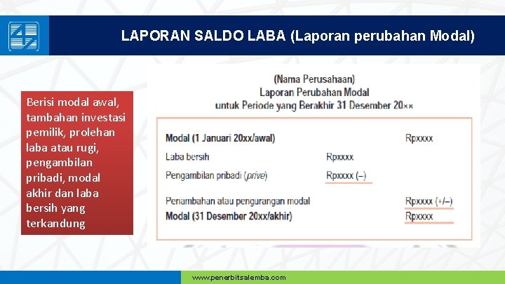 LAPORAN SALDO LABA (Laporan perubahan Modal) Berisi modal awal, tambahan investasi pemilik, prolehan laba