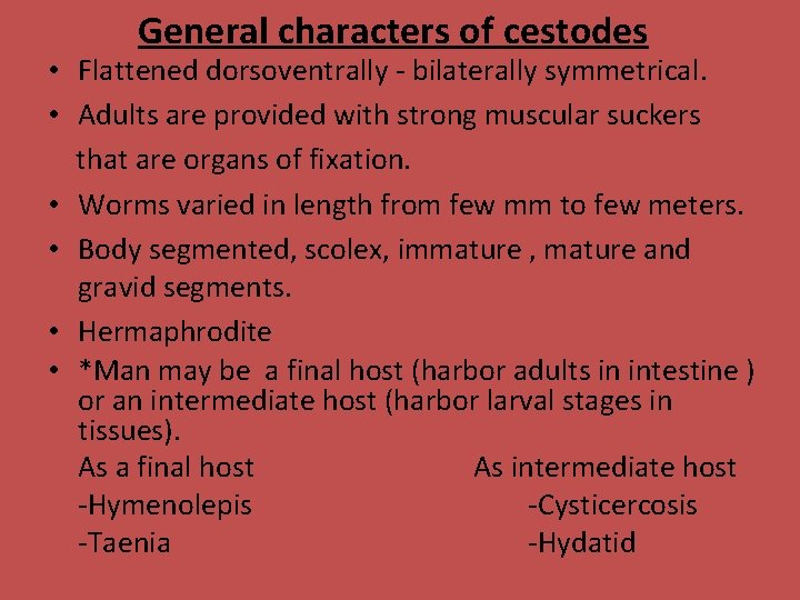General characters of cestodes • Flattened dorsoventrally - bilaterally symmetrical. • Adults are provided