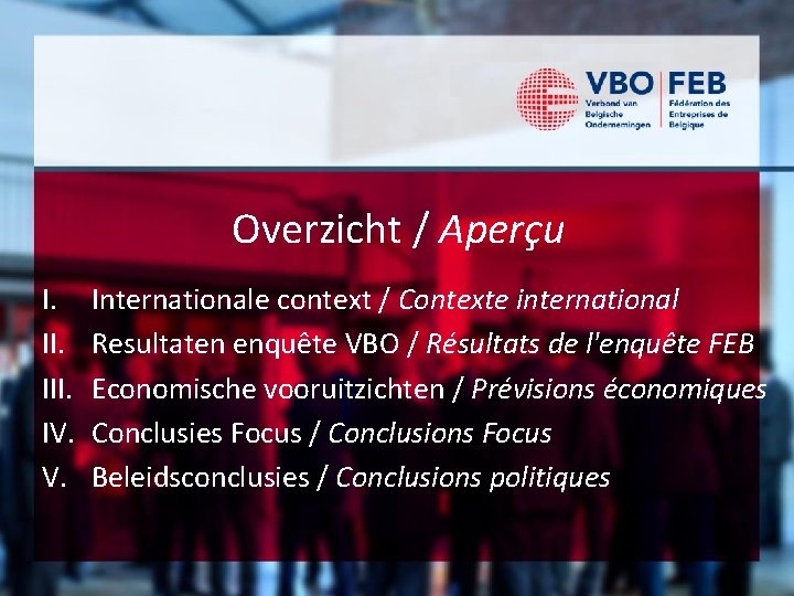 Overzicht / Aperçu I. III. IV. V. Internationale context / Contexte international Resultaten enquête