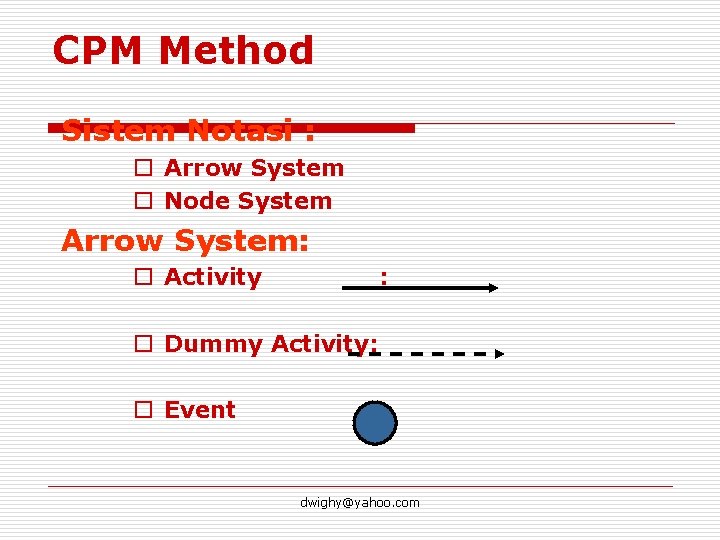 CPM Method Sistem Notasi : o Arrow System o Node System Arrow System: o