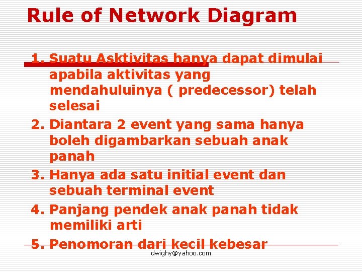 Rule of Network Diagram 1. Suatu Asktivitas hanya dapat dimulai apabila aktivitas yang mendahuluinya