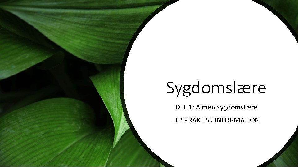 Sygdomslære DEL 1: Almen sygdomslære 0. 2 PRAKTISK INFORMATION 