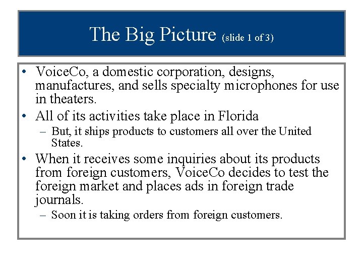 The Big Picture (slide 1 of 3) • Voice. Co, a domestic corporation, designs,