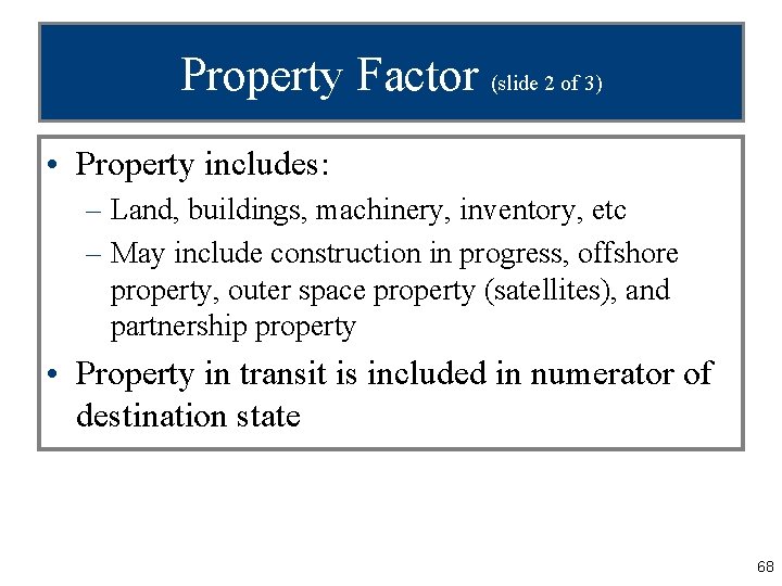 Property Factor (slide 2 of 3) • Property includes: – Land, buildings, machinery, inventory,