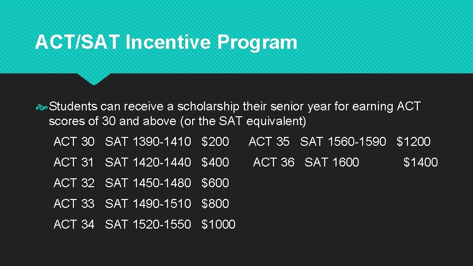 ACT/SAT Incentive Program Students can receive a scholarship their senior year for earning ACT