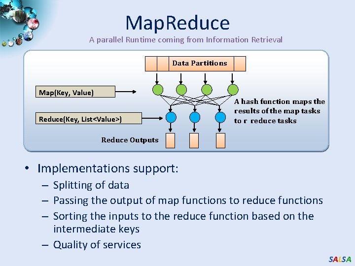 Map. Reduce A parallel Runtime coming from Information Retrieval Data Partitions Map(Key, Value) Reduce(Key,