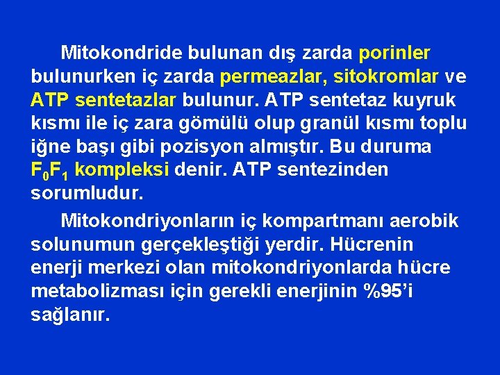 Mitokondride bulunan dış zarda porinler bulunurken iç zarda permeazlar, sitokromlar ve ATP sentetazlar bulunur.