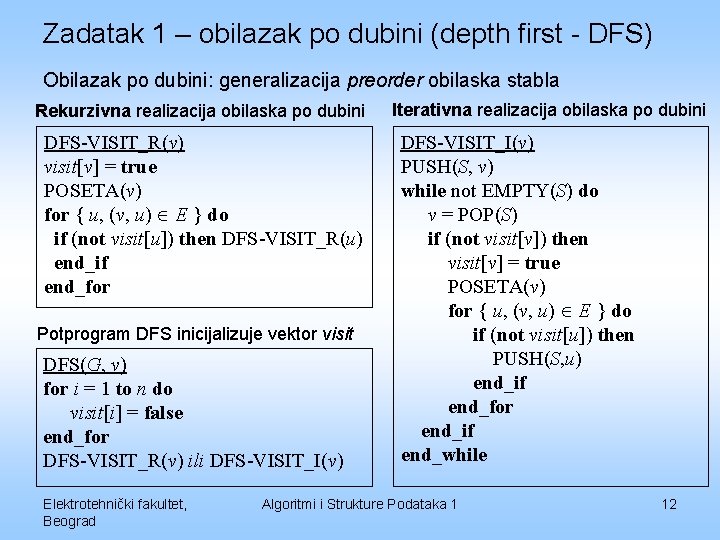 Zadatak 1 – obilazak po dubini (depth first - DFS) Obilazak po dubini: generalizacija