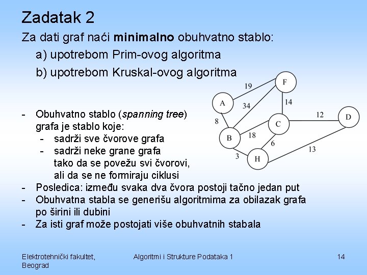 Zadatak 2 Za dati graf naći minimalno obuhvatno stablo: a) upotrebom Prim-ovog algoritma b)