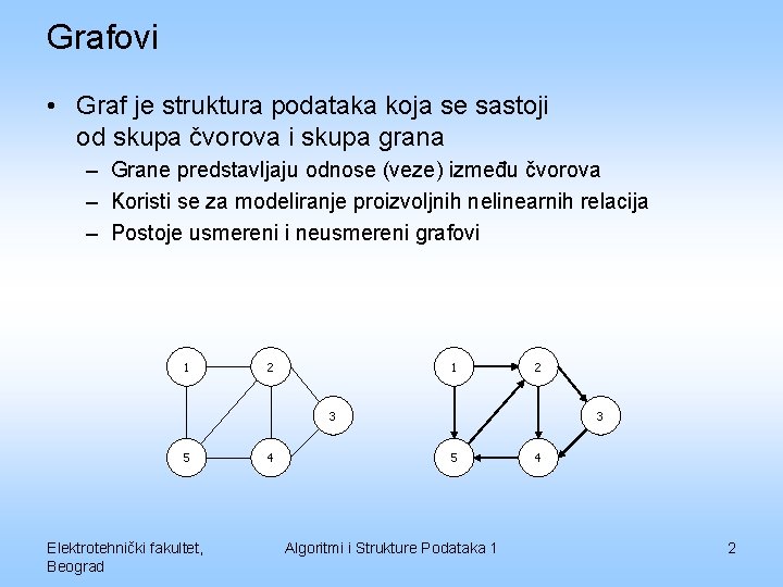 Grafovi • Graf je struktura podataka koja se sastoji od skupa čvorova i skupa