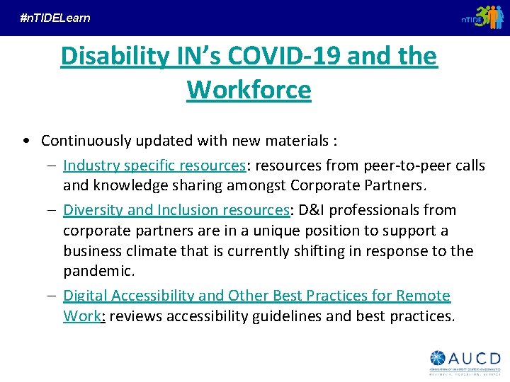 #n. TIDELearn Disability IN’s COVID-19 and the Workforce • Continuously updated with new materials