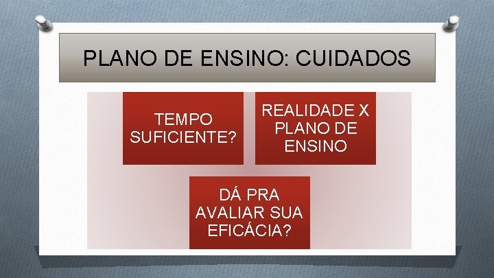 PLANO DE ENSINO: CUIDADOS TEMPO SUFICIENTE? REALIDADE X PLANO DE ENSINO DÁ PRA AVALIAR