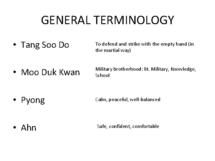 GENERAL TERMINOLOGY • Tang Soo Do To defend and strike with the empty hand