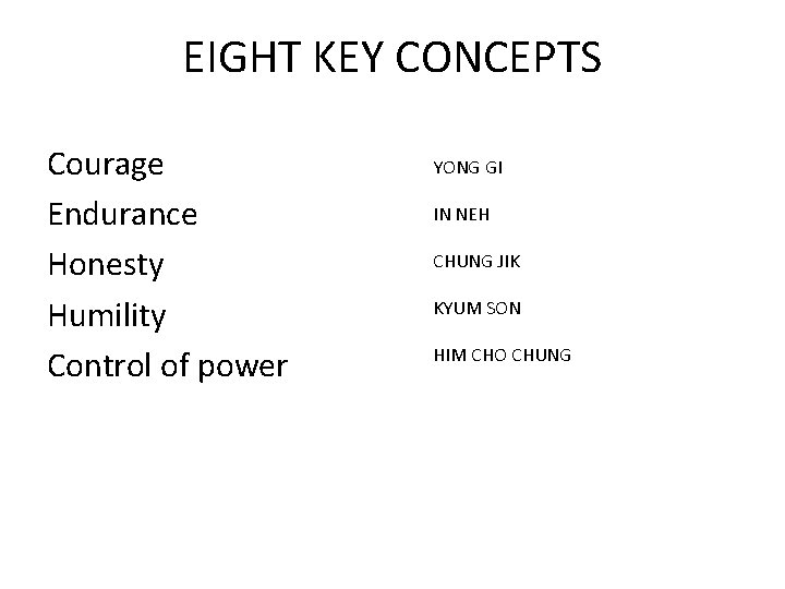 EIGHT KEY CONCEPTS Courage Endurance Honesty Humility Control of power YONG GI IN NEH