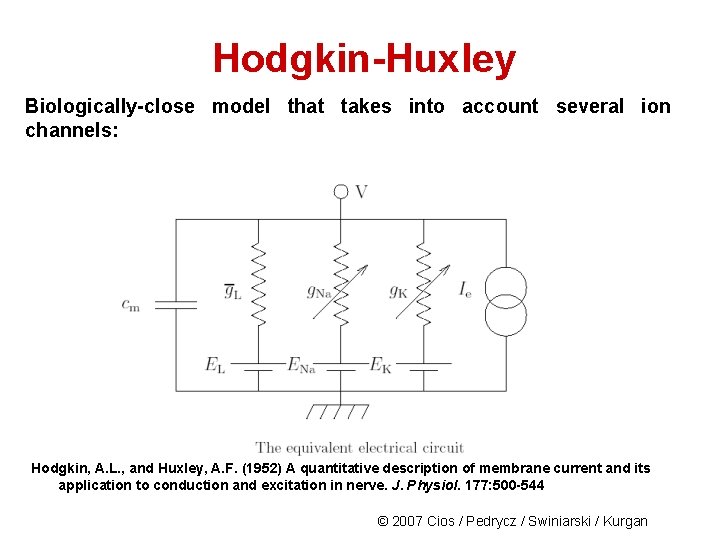 Hodgkin-Huxley Biologically-close model that takes into account several ion channels: Hodgkin, A. L. ,