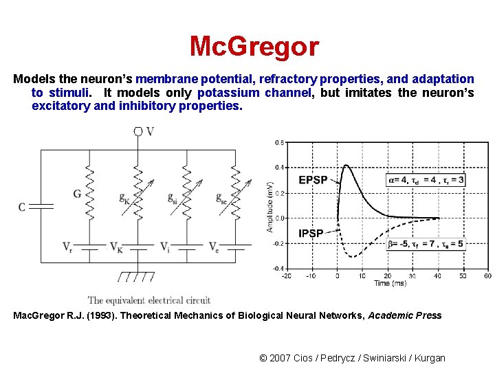 Mc. Gregor Models the neuron’s membrane potential, refractory properties, and adaptation to stimuli. It