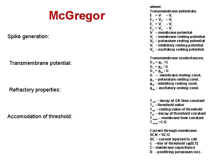 Mc. Gregor Spike generation: Transmembrane potential: Refractory properties: Accomodation of threshold: where: Transmembrane potentials: