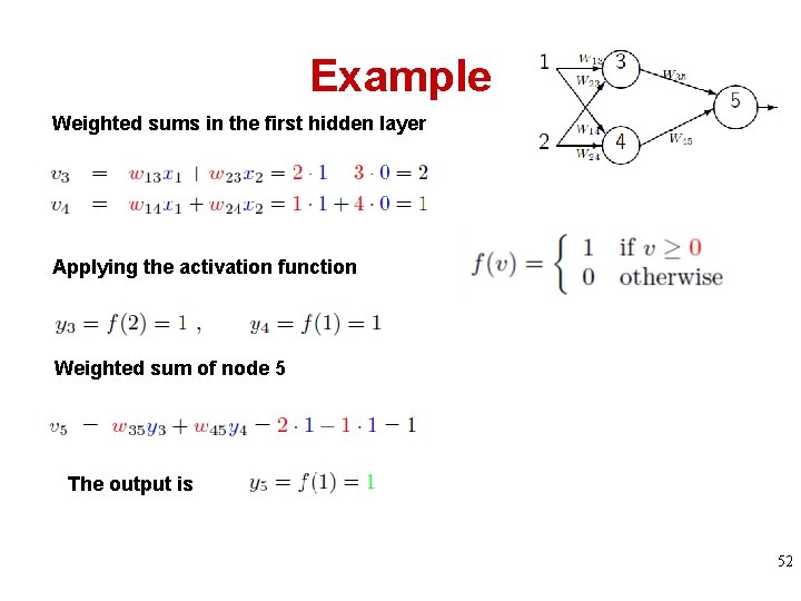 Example Weighted sums in the first hidden layer Applying the activation function Weighted sum