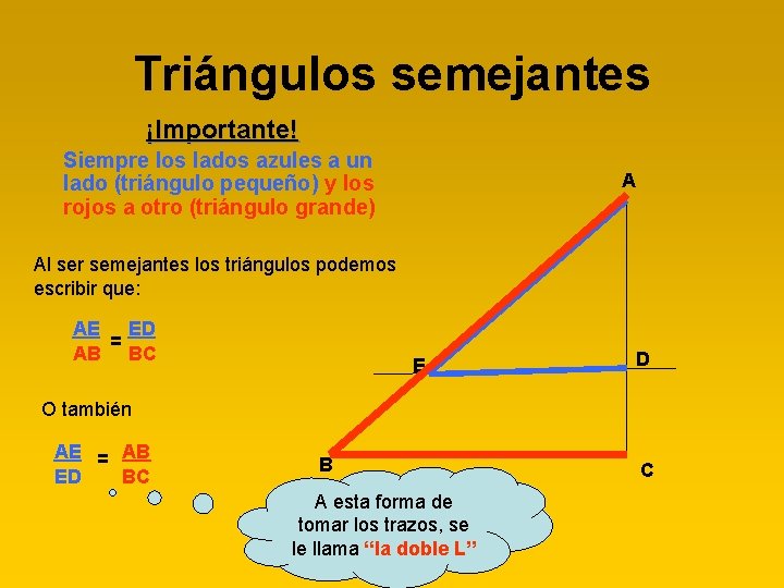 Triángulos semejantes ¡Importante! Siempre los lados azules a un lado (triángulo pequeño) y los