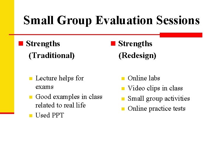 Small Group Evaluation Sessions n Strengths (Traditional) n n n Lecture helps for exams
