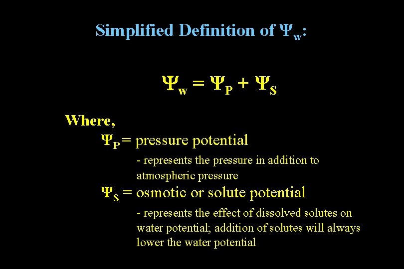 Simplified Definition of Ψw: Yw = ΨP + ΨS Where, ΨP = pressure potential Simplified Definition of Ψw: Yw = ΨP + ΨS Where, ΨP = pressure potential