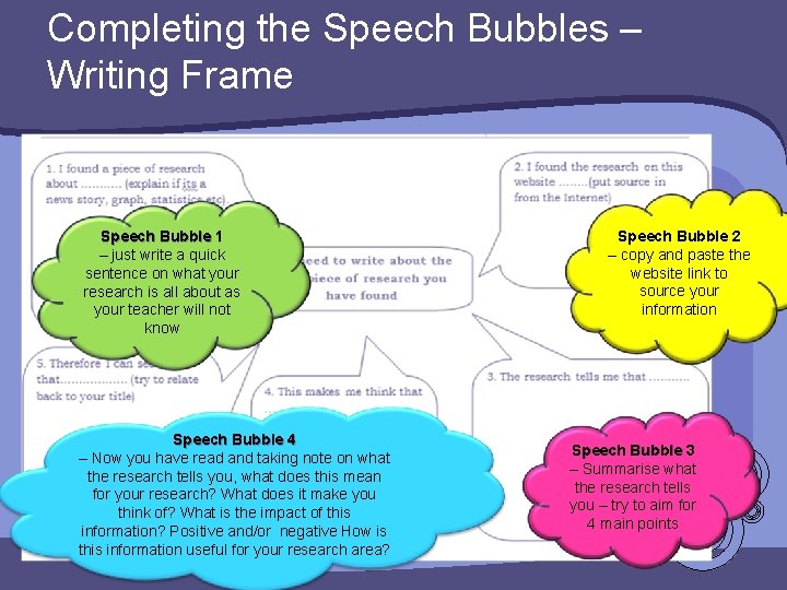 Completing the Speech Bubbles – Writing Frame Speech Bubble 1 – just write a