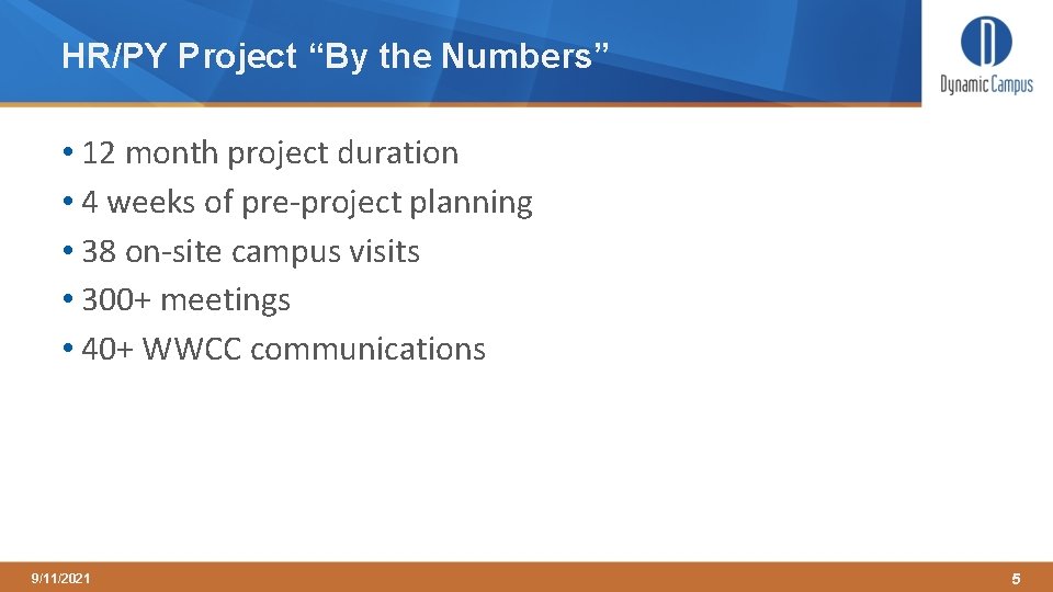 HR/PY Project “By the Numbers” • 12 month project duration • 4 weeks of