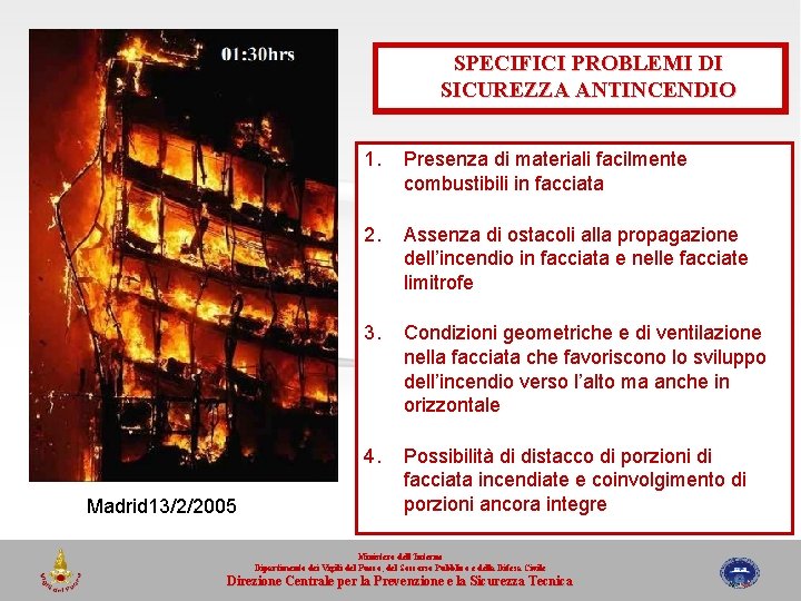 SPECIFICI PROBLEMI DI SICUREZZA ANTINCENDIO Madrid 13/2/2005 1. Presenza di materiali facilmente combustibili in