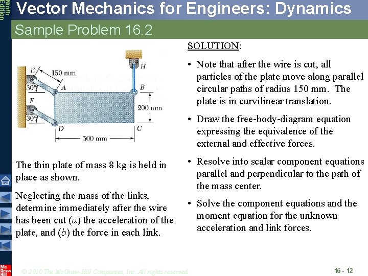 Ninth Edition Vector Mechanics for Engineers: Dynamics Sample Problem 16. 2 SOLUTION: • Note