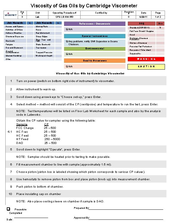 Viscosity of Gas Oils by Cambridge Viscometer Are a Unit Operating Procedure # 3
