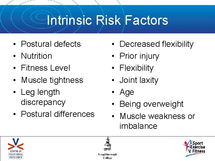 Intrinsic Risk Factors • • • Postural defects Nutrition Fitness Level Muscle tightness Leg