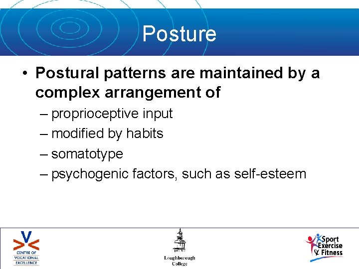Posture • Postural patterns are maintained by a complex arrangement of – proprioceptive input