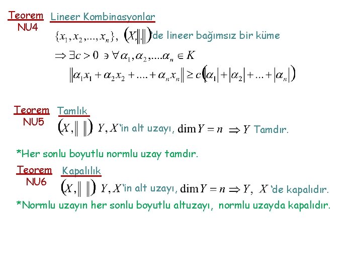 Teorem Lineer Kombinasyonlar NU 4 ‘de lineer bağımsız bir küme Teorem Tamlık NU 5