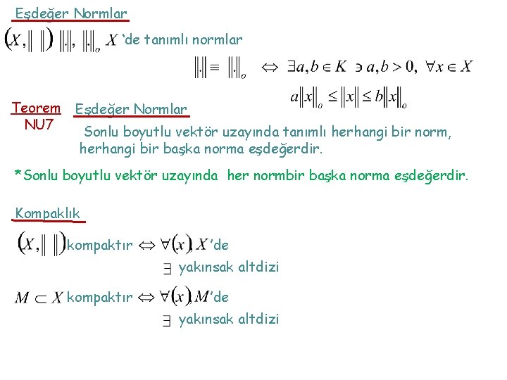 Eşdeğer Normlar ‘de tanımlı normlar Teorem NU 7 Eşdeğer Normlar Sonlu boyutlu vektör uzayında