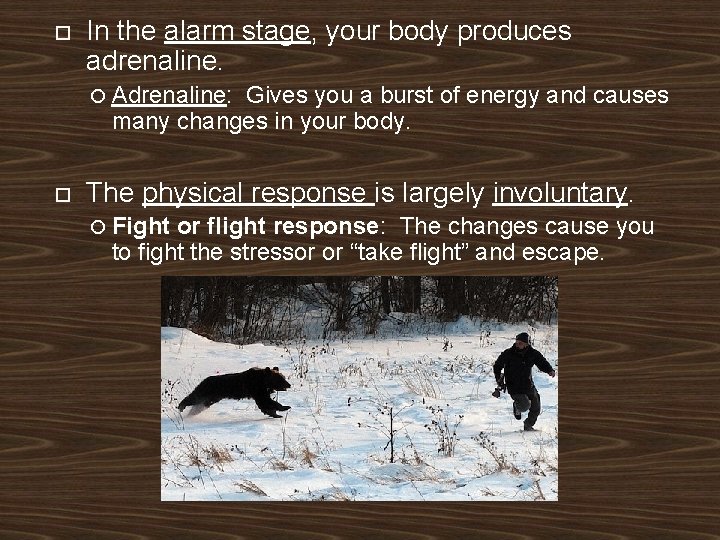  In the alarm stage, your body produces adrenaline. Adrenaline: Gives you a burst