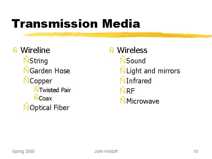 Transmission Media Ñ Wireline Ñ String Ñ Garden Hose Ñ Copper ÑTwisted Pair ÑCoax