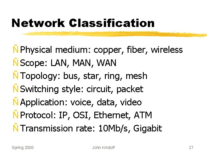 Network Classification Ñ Physical medium: copper, fiber, wireless Ñ Scope: LAN, MAN, WAN Ñ