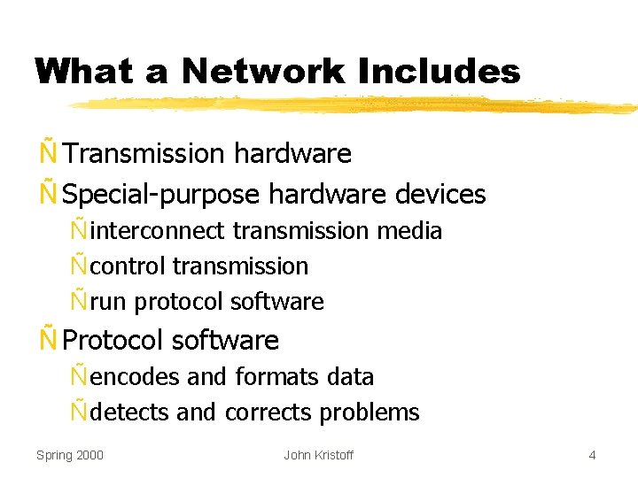 What a Network Includes Ñ Transmission hardware Ñ Special-purpose hardware devices Ñ interconnect transmission