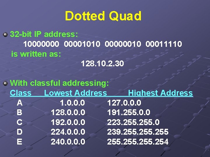 Dotted Quad 32 -bit IP address: 100000001010 00000010 00011110 is written as: 128. 10.
