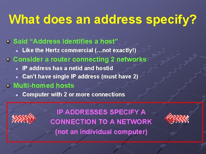 What does an address specify? Said “Address identifies a host” n Like the Hertz
