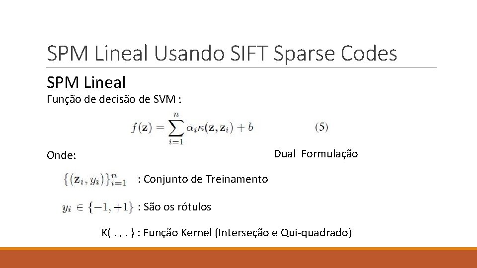 SPM Lineal Usando SIFT Sparse Codes SPM Lineal Função de decisão de SVM :