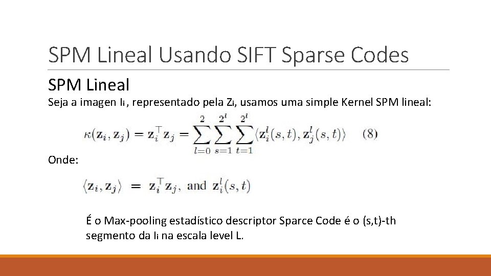 SPM Lineal Usando SIFT Sparse Codes SPM Lineal Seja a imagen Ii , representado