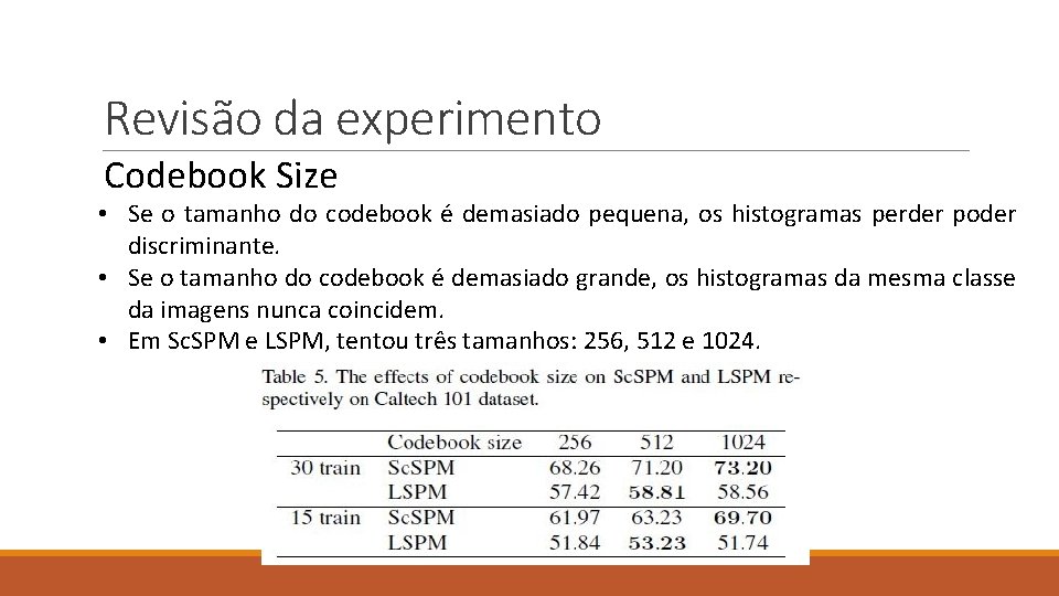 Revisão da experimento Codebook Size • Se o tamanho do codebook é demasiado pequena,