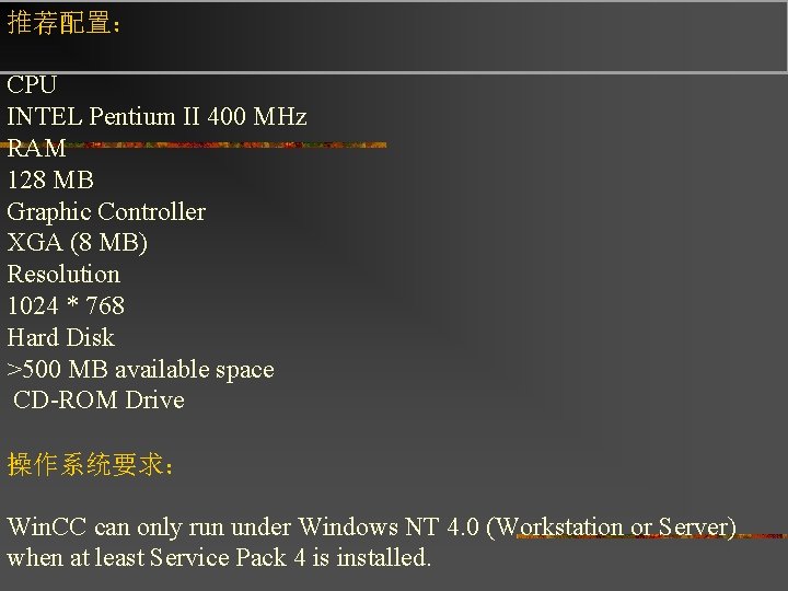 推荐配置： CPU INTEL Pentium II 400 MHz RAM 128 MB Graphic Controller XGA (8