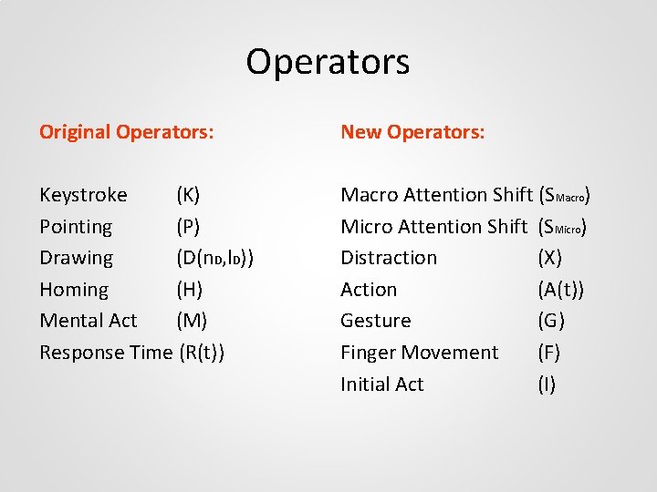 Operators Original Operators: New Operators: Keystroke (K) Pointing (P) Drawing (D(n. D, l. D))